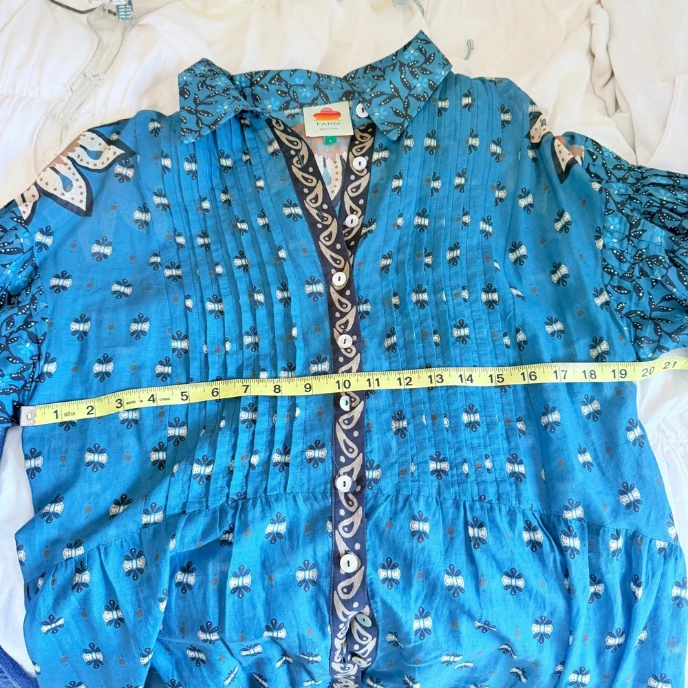 Farm Rio Blue Ainika Chill Maxi Shirtdress Pintuck Balloon Sleeve Cotton, L - Picture 11 of 11